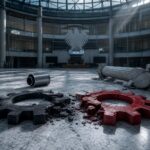 Zerbrochene rote und schwarze Zahnräder liegen im leeren Reichstagsinnenraum, umgeben von zertrümmerten Säulen und Trümmern.