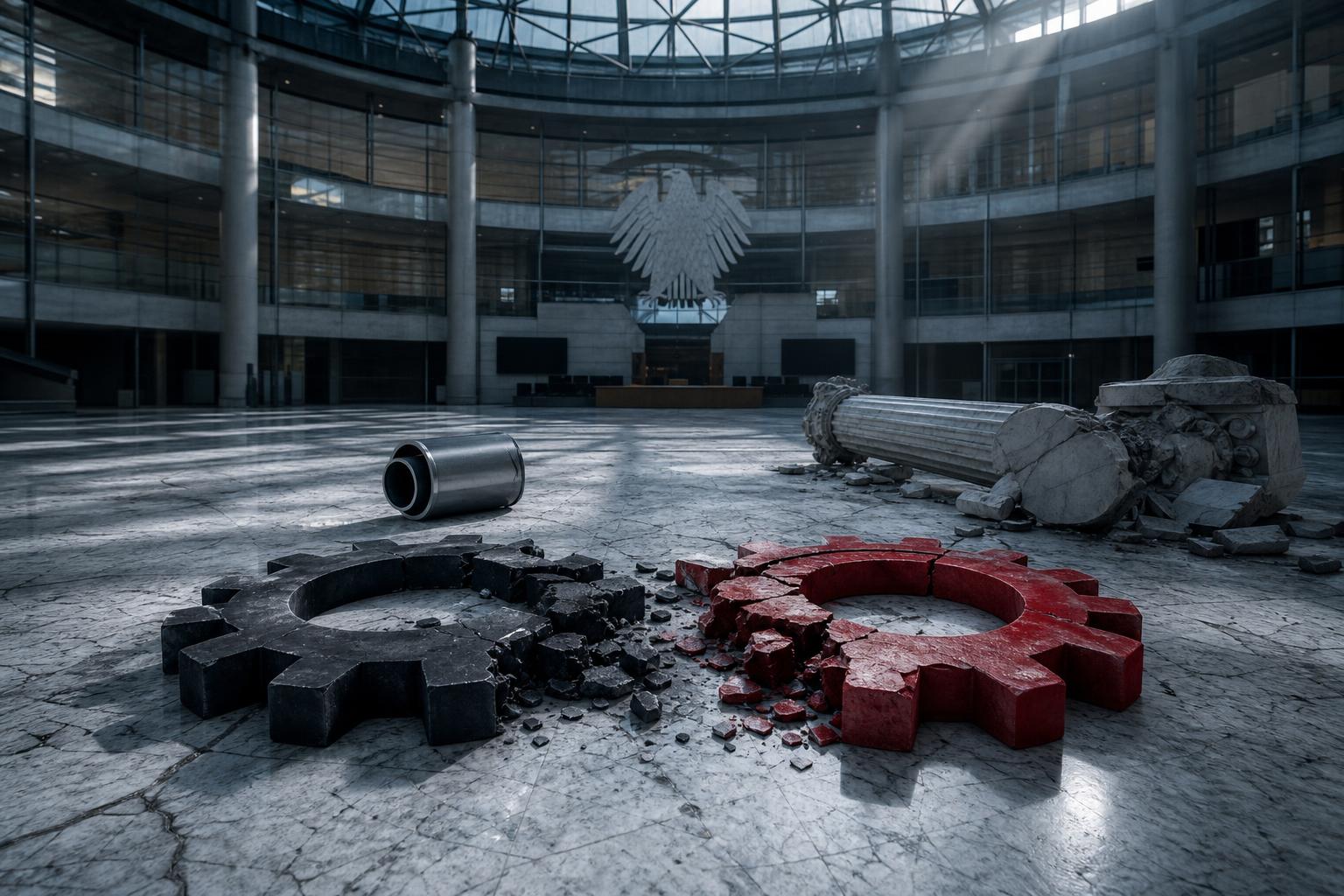 Zerbrochene rote und schwarze Zahnräder liegen im leeren Reichstagsinnenraum, umgeben von zertrümmerten Säulen und Trümmern.