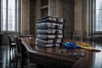 Ein massiver Eichentisch in einem marmorgepflasterten Ratssaal mit einem Stapel versiegelter Aktenordner, einem gefalteten