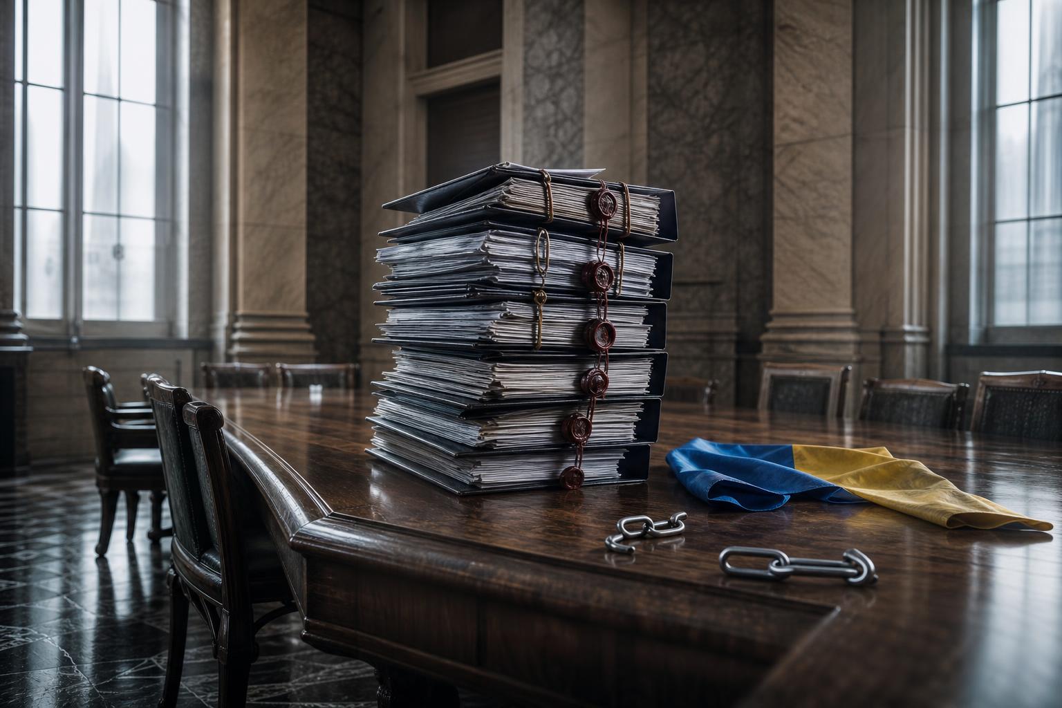 Ein massiver Eichentisch in einem marmorgepflasterten Ratssaal mit einem Stapel versiegelter Aktenordner, einem gefalteten
