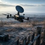 Eine bewaffnete Drohne mit Satellitenantenne fliegt über ein leicht bewaldetes Feld in der Ostukraine.