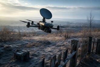Eine bewaffnete Drohne mit Satellitenantenne fliegt über ein leicht bewaldetes Feld in der Ostukraine.