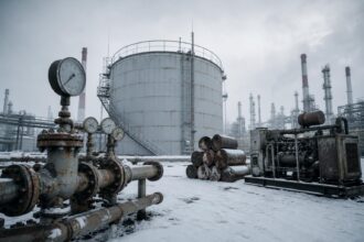Ein verrostetes Ölanlagenareal mit Messgeräten und Tanks in einem verschneiten Industriegelände im Winter.