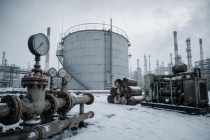 Ein verrostetes Ölanlagenareal mit Messgeräten und Tanks in einem verschneiten Industriegelände im Winter.