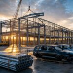 Ein halb fertiges Automobilwerk mit Stahlkonstruktion, einem Kran, der schwere Träger hebt, und mehreren lackierten