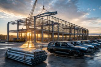 Ein halb fertiges Automobilwerk mit Stahlkonstruktion, einem Kran, der schwere Träger hebt, und mehreren lackierten