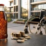 Eine Glasflasche mit goldener Flüssigkeit steht neben Münzen und einem Rollstuhl vor einem modernen Pflegeheim.