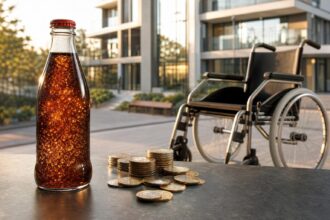 Eine Glasflasche mit goldener Flüssigkeit steht neben Münzen und einem Rollstuhl vor einem modernen Pflegeheim.