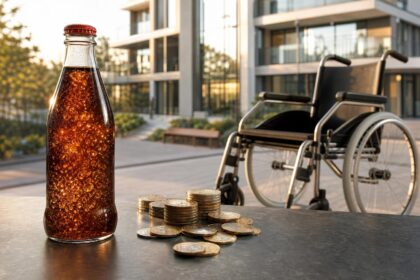 Eine Glasflasche mit goldener Flüssigkeit steht neben Münzen und einem Rollstuhl vor einem modernen Pflegeheim.